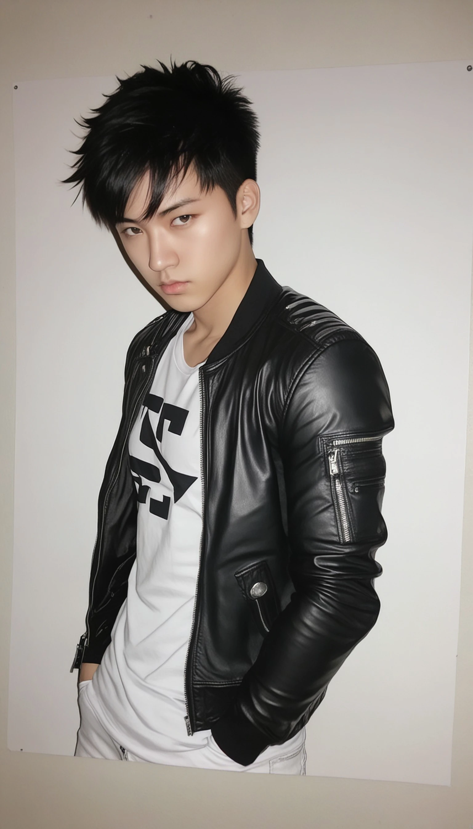 1boy, black hair, white background, short cut hair, leather jacket, tshirt, upper body, detailed shape, detailed line, art of fighting attitude, color manga style