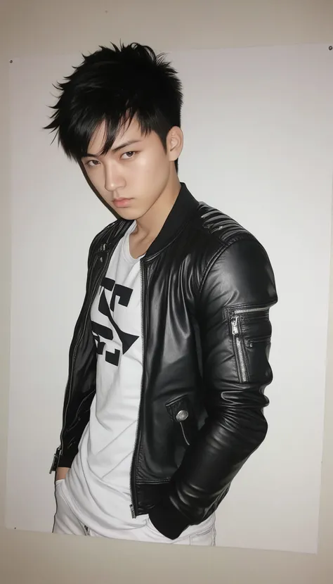 1boy, black hair, white background, short cut hair, leather jacket, tshirt, upper body, detailed shape, detailed line, art of fighting attitude, color manga style