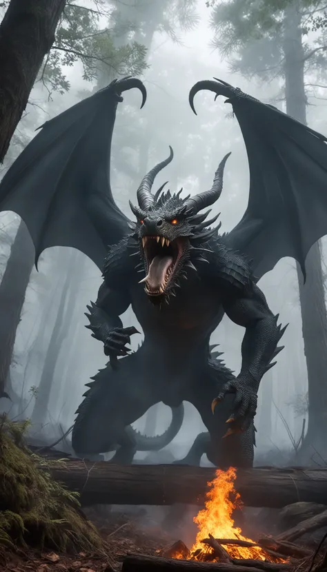 a giant monster hybrid of dragon and spider, in dark dense foggy forest, fire, no humans, open mouth, wings, dragon, sharp teeth, teeth, tail, solo, breathing fire, horns, monster, claws, smoke