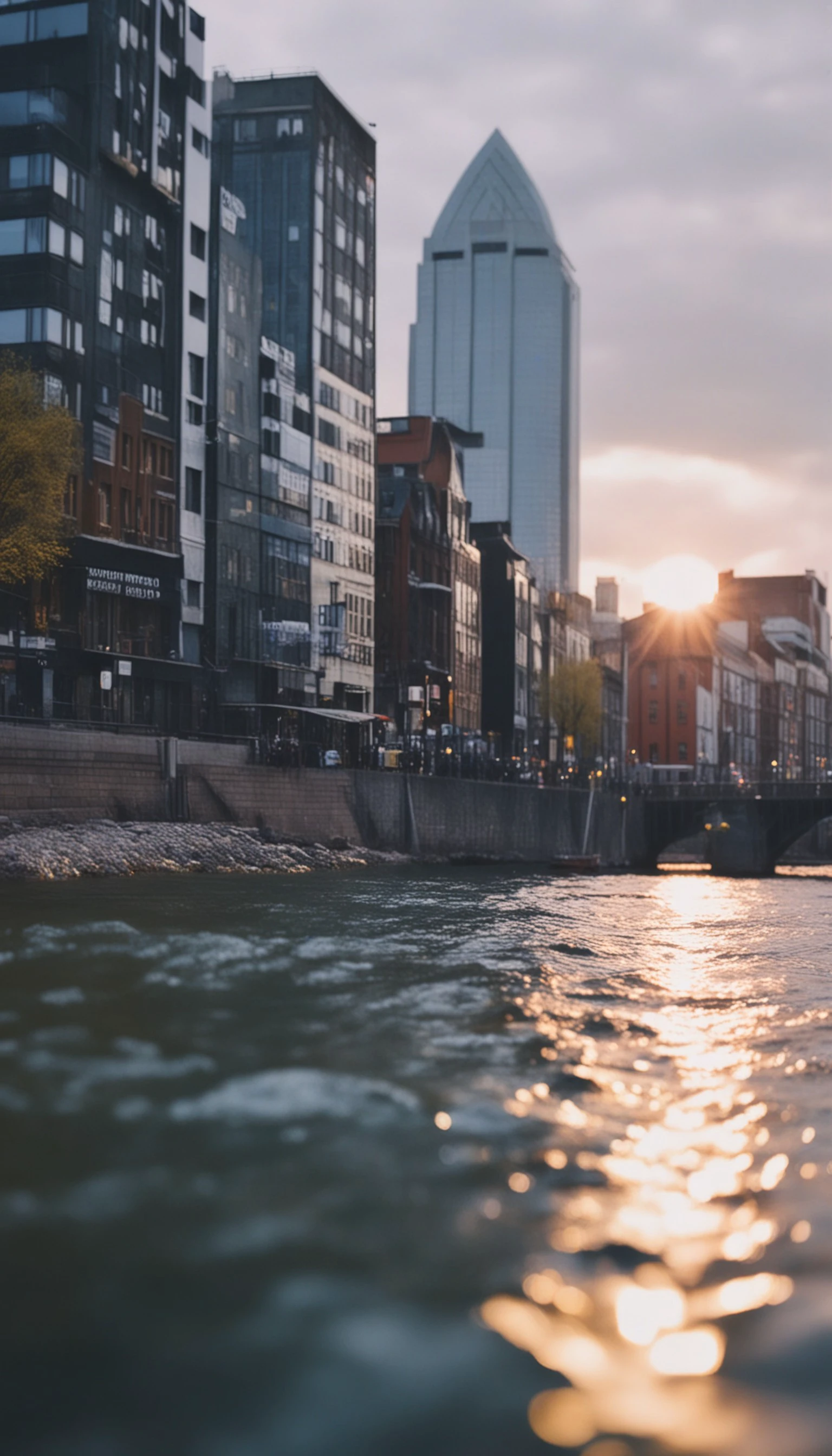 cinematic photo of a city by the river, 35mm photograph, film, bokeh, professional, 4k, highly detailed