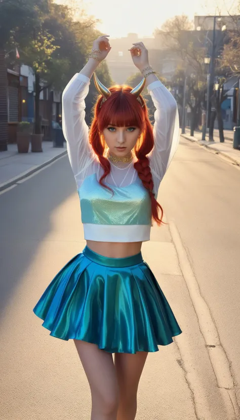 1girl, solo, back light, rainbow, aqua eyes, fake horns, red hair, long hair, crop top, jewelry, horns, veil, bracer, brooch, puffy long sleeves, skirt, bangs, low twintails, puffy sleeves, neck ring, gold trim, parted bangs, arm up, blue skirt, hair ornament, detached sleeves, floating hair, gem, hair flower, blue gemstone