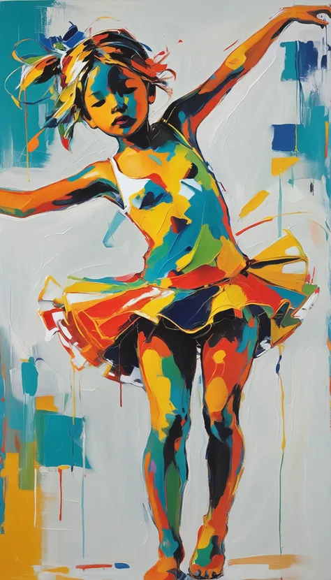abstract expressionist painting of a dancing child. energetic brushwork, bold colors, abstract forms, expressive, emotional