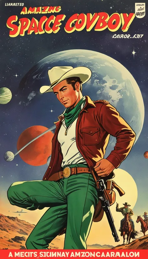 a cover for a comic book, a comic book cover about all space cowboy, 1 cowboy wearing a hat in the style of amazing stories, 1940s 1950s, red and green, comic art, realistic genre scenes, romanticized realism dynamic