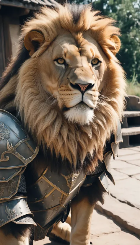 a lion in armor poses for a picture, cinematic close shot