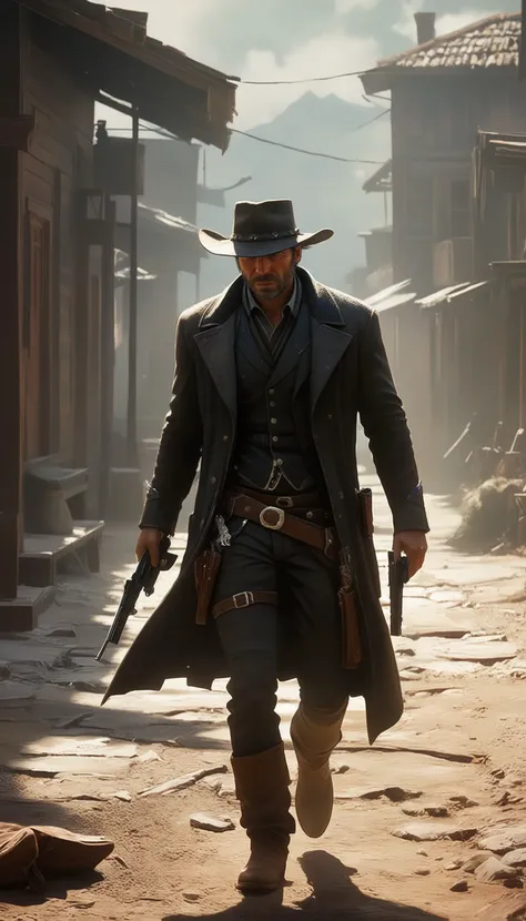 Intricate dynamic action shot of cowboy in a shootout, cinematic Steve Henderson Fabian Perez Henry Asencio Jeremy Mann Marc Simonetti Fantasy, red dead redemption 2 atmosphere, cinematic, photograph