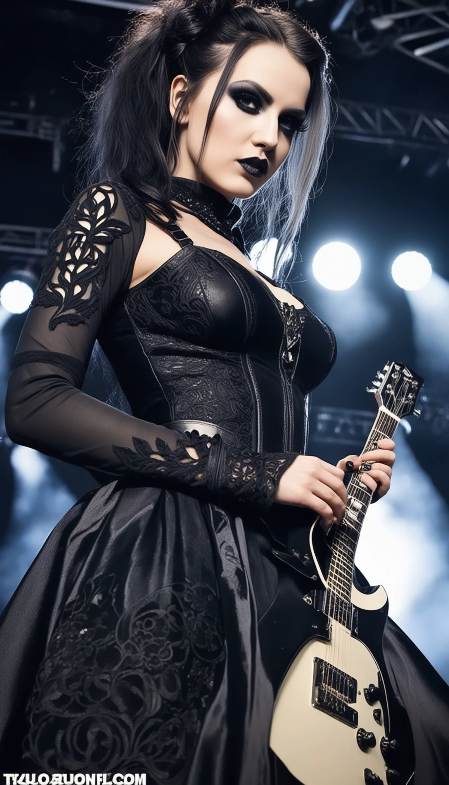 swedish metal rock girl holding a guitar, intense stare into camera, with gothic make-up, intricate details, highly detailed eyes, fancy hair and dark gothic dress, flash photo, on stage, intricate details