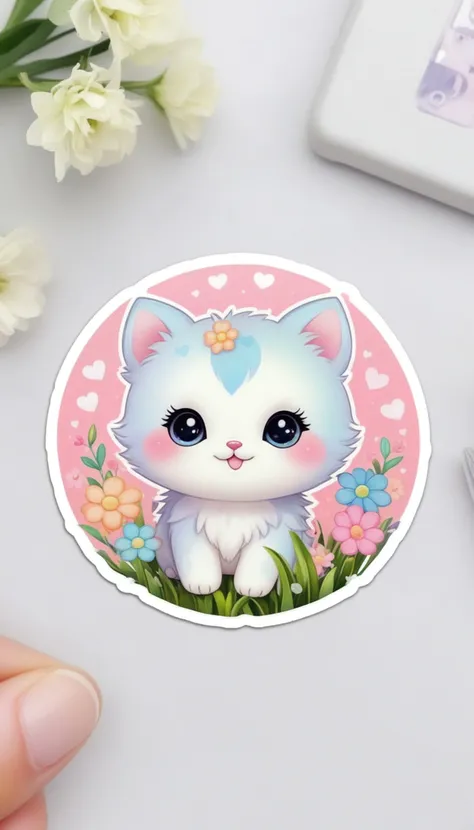 Sticker of a cute, round little animal with big, sparkling eyes and a gentle smile on its face. It has soft, pastel-colored fur. The small critter is surrounded by dainty, heart-shaped flowers in complementary pastel shades, adding to the sticker's overall charm.The white background provides the perfect canvas for this adorable creature, allowing its pastel features to pop and catch the eye. The sticker design exudes a warm and playful energy, making it an endearing addition to any item it adorns.