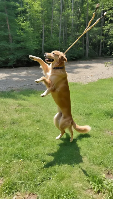 Golden retriever jumping to catch a stick