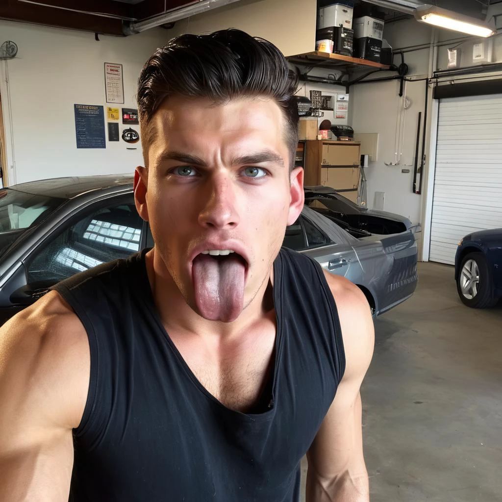20 years old handsome white man, mega long tongue out, uvula, huge perfect pecs, photo realistic, black hair, at a garage, photography, highly detailed, sharp focus, trending on artstation, studio photo, intricate details, highly detailed, by greg rutkowski,