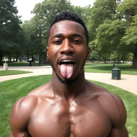 30 years old black man, huge lips, long tongue out, uvula, perfect pecs, photo realistic, black hair, at a park, photography, highly detailed, sharp focus, trending on artstation, studio photo, intricate details, highly detailed, by greg rutkowski,