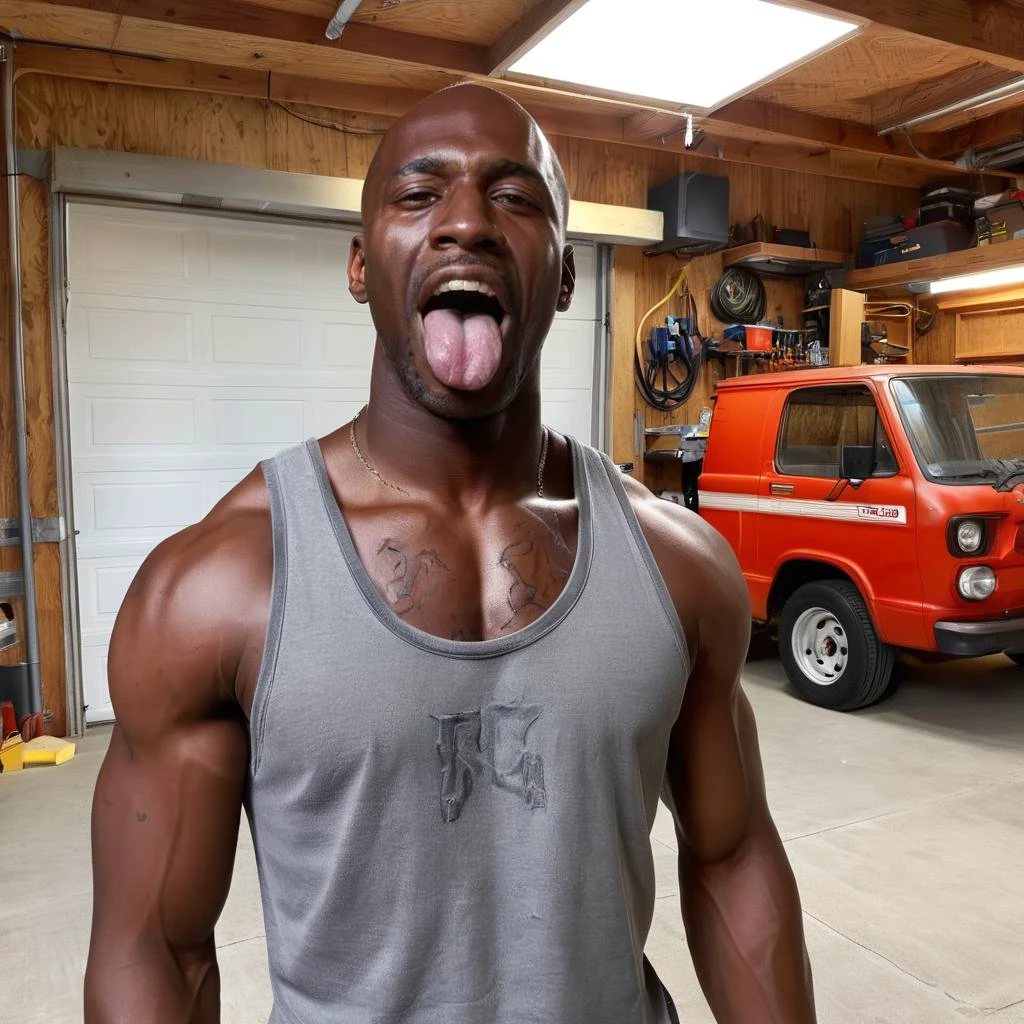 40 years old black man, mega long tongue out, uvula, huge perfect pecs, photo realistic, black hair, at a well lit garage, photography, highly detailed, sharp focus, trending on artstation, studio photo, intricate details, highly detailed, by greg rutkowski,