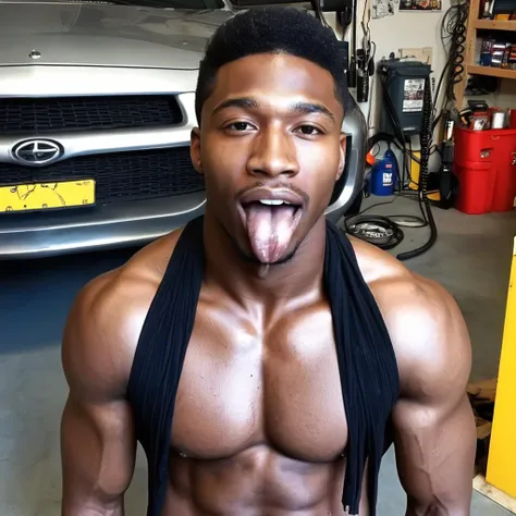 20 years old handsome black man, mega long tongue out, uvula, huge perfect pecs, photo realistic, black hair, at a garage, photography, highly detailed, sharp focus, trending on artstation, studio photo, intricate details, highly detailed, by greg rutkowski,