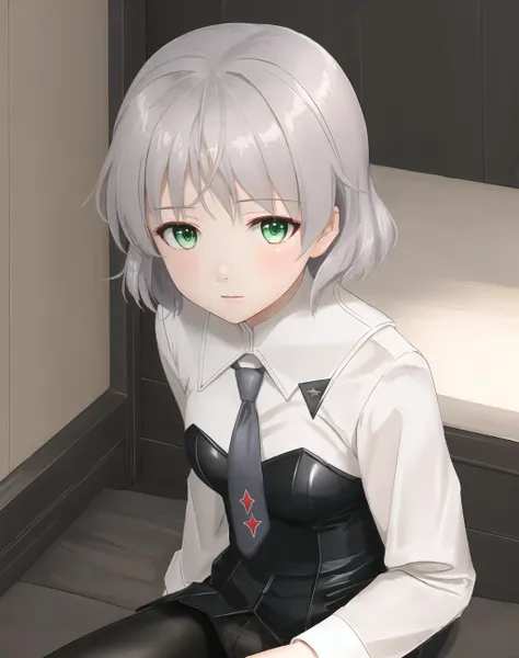 <lora:Sanya-10:1> Sanya , military uniform , necktie , pantyhose , grey hair , short hair , green eyes ,