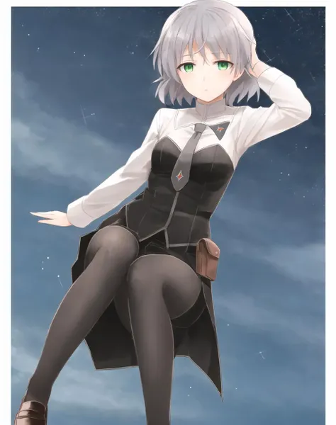 <lora:Sanya-10:1> Sanya , military uniform , necktie , pantyhose , grey hair , short hair , green eyes ,full body portrait , sky background with border ,