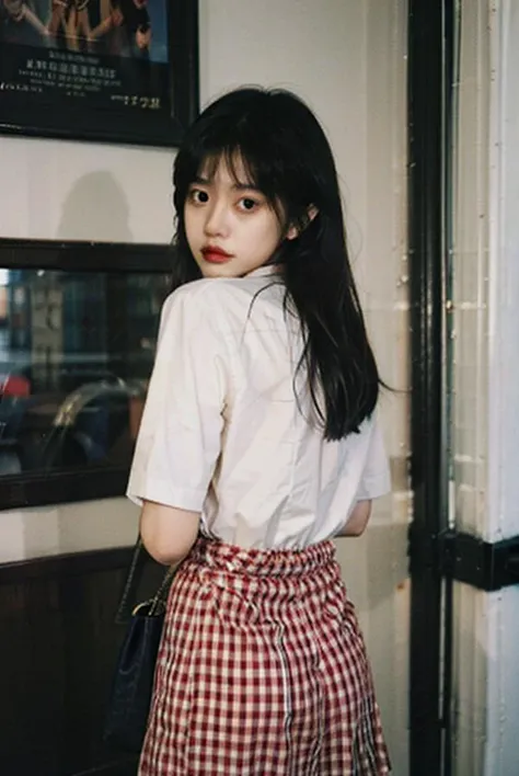 detailed,8k, detailed shadow, looking at viewer, white shirt, short sleeve, plaid, skirt, plaid skirt, handbag, blurry background ,<lora:liyuuLora_liyuuV1:0.8>, (masterpiece,best quality), ,(arms_behind_back), black eyes, cute expression,