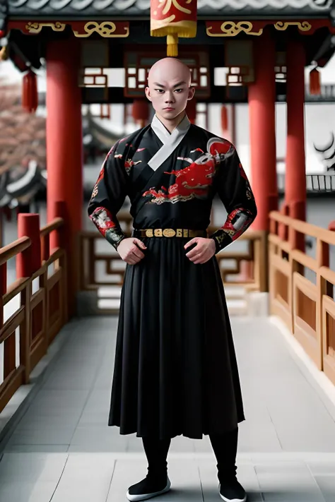 jiren, (muscular), solid black eyes, bald, wearing a black pattern chinese dress shirt, long sleeves, belt,black pattern long chinese dress skirt, looking at camera, full body shot, powerful pose, chinese garden, looking serious, <lora:Jiren_1:.6>, <lora:FeiYuFu:.7>