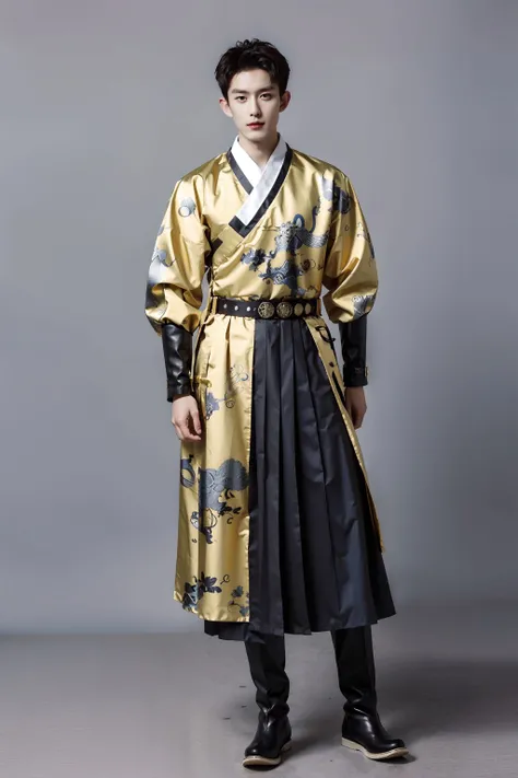 <lora:FeiYuFu:0.75>, cowboy shot, male,handsome,monochrome photography, handsome boy, short hair, black hair, black/blue/green/yellow/red/white print chinese shirt, long sleeves, belt, black/blue/green/yellow/red/white print chinese long skirt, dynamic pose, looking at viewer, boots, full body,otudoors, chinese style countryard,