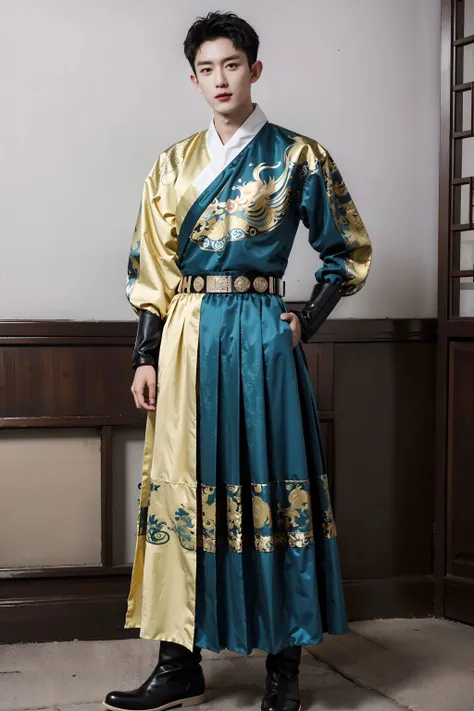 <lora:FeiYuFu:0.75>, cowboy shot, male,handsome,monochrome photography, handsome boy, short hair, black hair, black/blue/green/yellow/red/white print chinese shirt, long sleeves, belt, black/blue/green/yellow/red/white print chinese long skirt, dynamic pose, looking at viewer, boots, full body,otudoors, chinese style countryard,