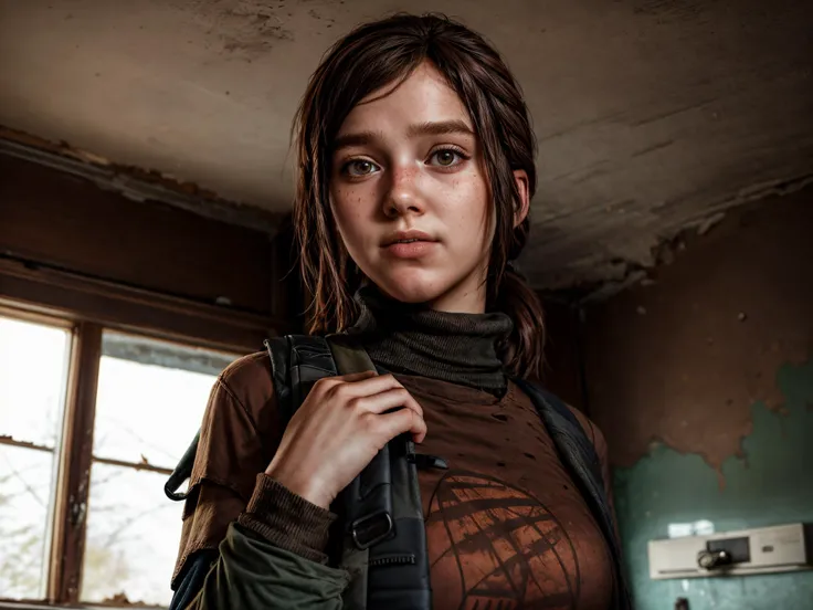 A masterpiece, Ellie Williams from the last of us, dark brown hair, brown eyes, perfect face, sad face, dark green jacket with a gray hood, blue jeans, red trainers, stanis of mud, stains of dirt, in a modern ruined city, detailed and intrincicated, HD, a the dawn