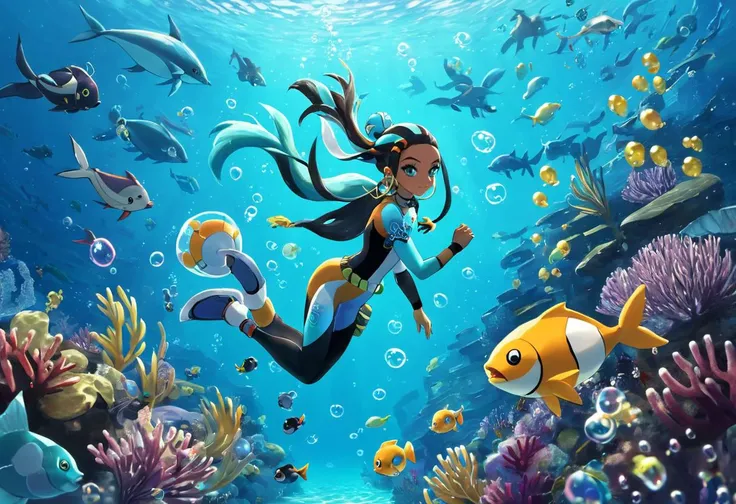(masterpiece, best quality, ultra_detailed, highres, absurdres:1.2), <lora:nessa-xl-000023:1> nessa \(pokemon\), 1girl, solo, scuba diving, (scuba gear:1), (rebreather apparatus:1.3), (regulator:1.3), (wearing a (full body:1.8) colorful diving suit), hair bun, hair ornament, necklace, hoop earrings, (bubbles:1.1), underwater, swimming, dynamic pose, fish, sea plants, coral reef