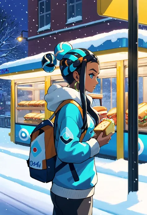 (masterpiece, best quality, ultra_detailed, highres, absurdres:1.2), <lora:nessa-xl-000023:1> nessa \(pokemon\), 1girl, standing, sweater, (cap:1.25), hair bun, necklace, hoop earrings, sport trousers, eating a sandwich, pokemon aqua arena building, (snow:1.3), bus stop, japanese street, winter, (snowing:1.3), lampposts, dim lighting