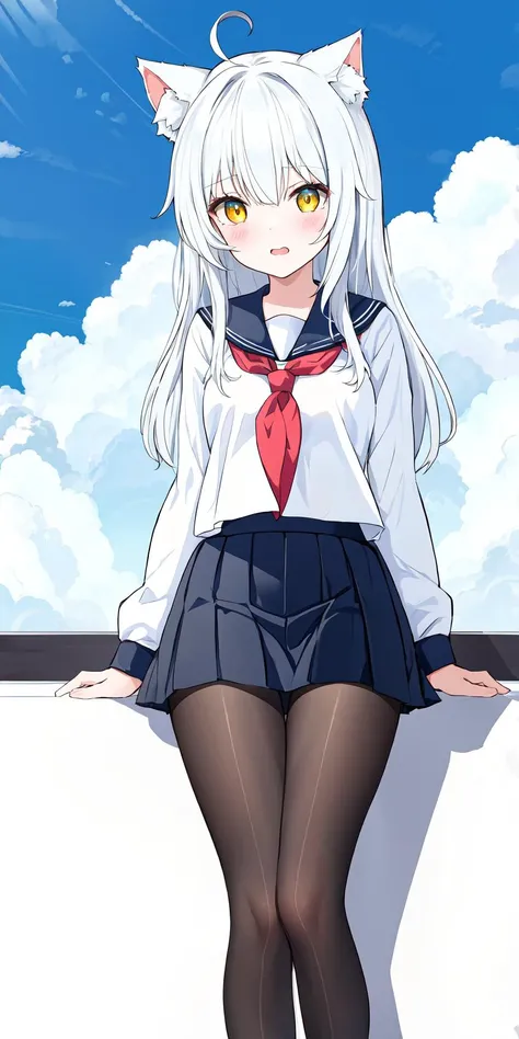 1girl ahoge ass bangs blue_eyes blue_sky bow bowtie censored clitoris closed_mouth cloud day from_below hair_between_eyes hair_ribbon heart heart_censor jacket long_hair long_sleeves looking_at_viewer looking_down no_panties pleated_skirt pussy red_bow red_bowtie red_ribbon ribbon school_uniform skirt sky solo spread_pussy thighhighs uniform white_hair white_thighhighs