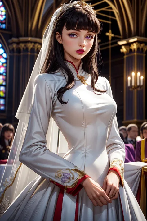 (ultra realistic,32k, masterpiece),high detailed skin, high quality, <lora:Marianne_Vi_Britannia:0.7>, 1girl, white racial skin, marianne_vi_britannia, black hair, very long hair, blunt bangs, purple eyes, lipstick, large breasts, long sleeves, white wedding dress, holy royal church, blurry background, looking at viewer, upper body shot <lora:add_detail:0.96>,