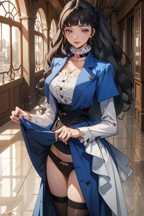 (masterpiece, best quality, extremely detailed CG, absurdres, official art, beautiful and aesthetic, 4K, 8K:1.2) 1girl, solo, mature female, MILF, Marianne_Vi_Britannia, black hair, blunt bangs, long hair, purple eyes, lipstick, makeup, large breasts, narrow waist, wide hips, seductive smile,
BREAK (skirt lift:1.2), panties, thighhighs, blue jacket, white shirt, blue skirt, black choker, white ruffled choker, pink rose on choker, Victorian Style Dress, indoors, <lora:Marianne_Vi_Britannia:0.8>