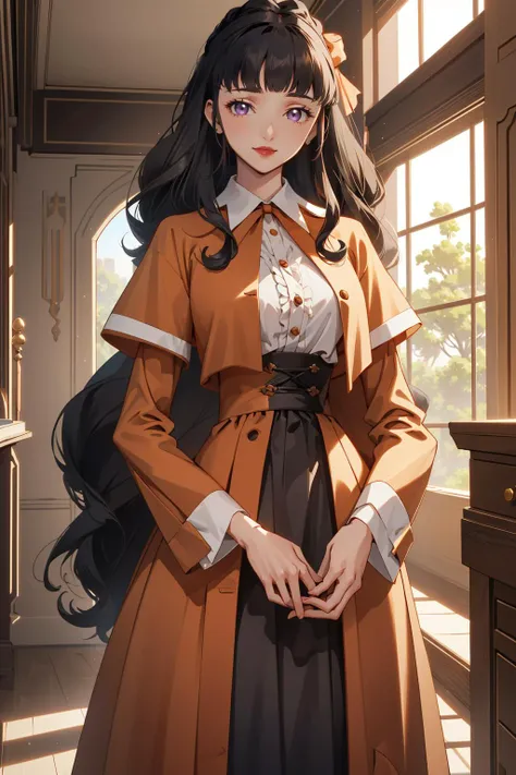 (masterpiece, best quality, extremely detailed CG, absurdres, official art, beautiful and aesthetic, 4K, 8K:1.2) 1girl, solo, mature female, MILF, Marianne_Vi_Britannia, black hair, blunt bangs, long hair, purple eyes, lipstick, makeup, large breasts, narrow waist, wide hips, seductive smile,
BREAK long sleeves, dark burnt orange dress, dark burnt orange skirt, burnt orange dress, red neck ribbon, white collar, Victorian Style Dress, indoors,  <lora:Marianne_Vi_Britannia:0.8>