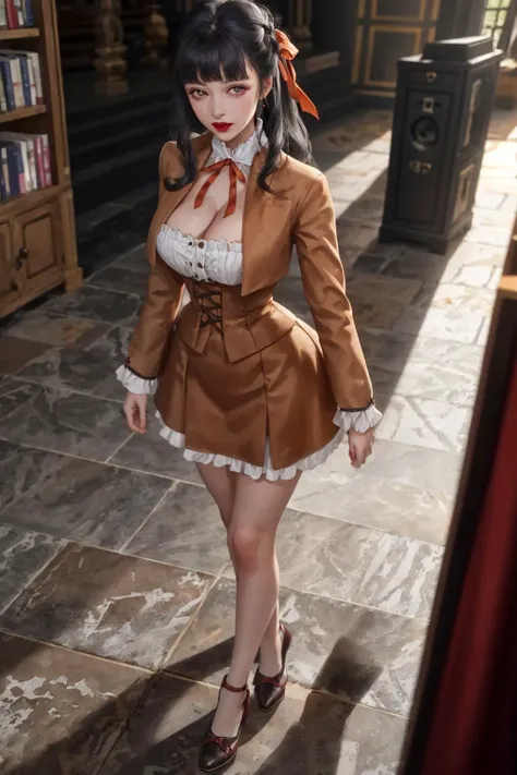 highres,absurdres,masterpiece,best quality,original,extremely detailed CG,extremely detailed wallpaper,perfect lighting,(standing on the stage),looking at viewer,1girl,blurry background,bare hands,from above,
<lora:Marianne_Vi_Britannia:0.7>,Marianne_Vi_Britannia,black hair,blunt bangs,long hair,purple eyes,lipstick,makeup,large breasts,long sleeves,dark burnt orange dress,dark burnt orange skirt,burnt orange dress,red neck ribbon,white collar,Victorian Style Dress,MILF,<lora:GoodHands-beta2:1>,