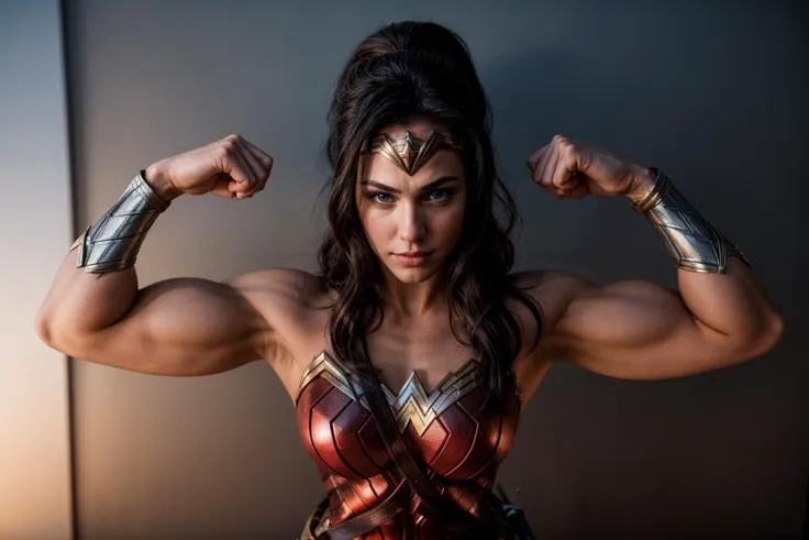 DC movies,from above,photo of a 18 year old girl,wonder woman,Super Strength Pose: Flexing muscles with a determined look,ready to showcase incredible strength,arm stretching,happy,ray tracing,detail shadow,shot on Fujifilm X-T4,85mm f1.2,depth of field,blurry background,bokeh,motion blur,<lora:add_detail:1>,