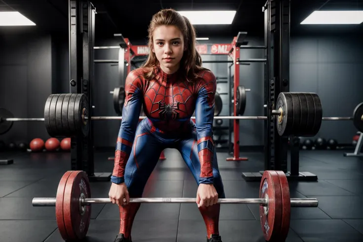 marvel movies,full body,photo of a 18 year old girl,spiderman,having a workout at the gym,(((barbell))),happy,ray tracing,detail shadow,shot on Fujifilm X-T4,85mm f1.2,sharp focus,depth of field,blurry background,bokeh,<lora:add_detail:1>,