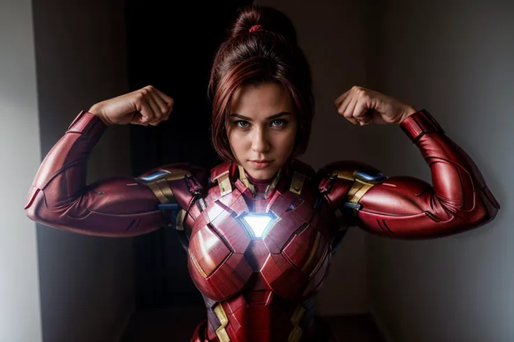 Marvel movies,from above,photo of a 18 year old girl,ironman,Super Strength Pose: Flexing muscles with a determined look,ready to showcase incredible strength,arm stretching,happy,ray tracing,detail shadow,shot on Fujifilm X-T4,85mm f1.2,depth of field,blurry background,bokeh,motion blur,<lora:add_detail:1>,