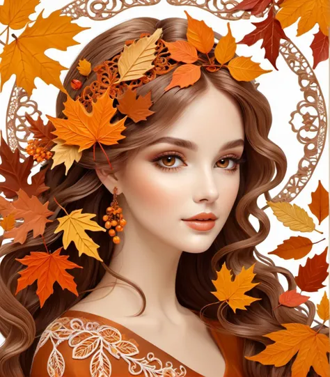 a beautiful woman, Cozy Autumn themed Filigree, intricate, ornate, flowing, delicate, graceful, Autumn, lace-like, fall decor, Autumn elements