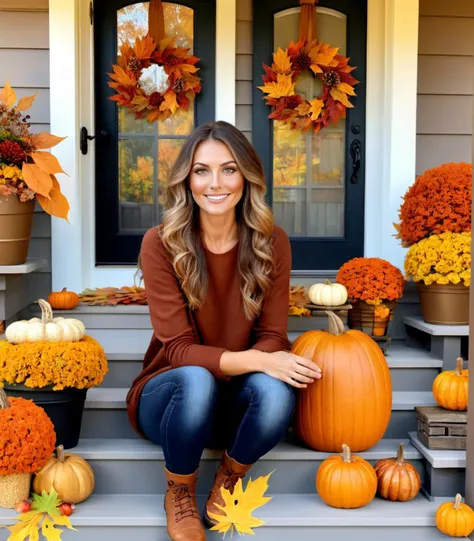 a beautiful woman, Cozy Autumn themed Deck, harmonious Autumn colors, inspired by home decor magazines, fall decor, Autumn elements