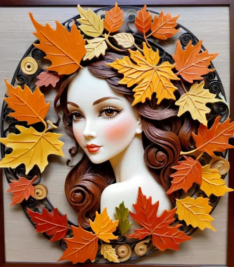 a beautiful woman, Cozy Autumn themed Scroll Work, intricate, delicate, swirling designs, curved, Autumn scroll work, fall decor, Autumn elements