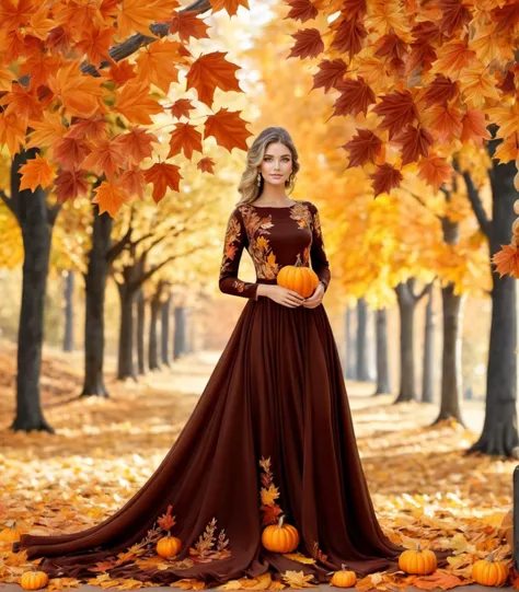 a beautiful woman, Cozy Autumn themed Dress, intricate, ornate, flowing gown, Fall colors, delicate, graceful, fall decor, Autumn elements