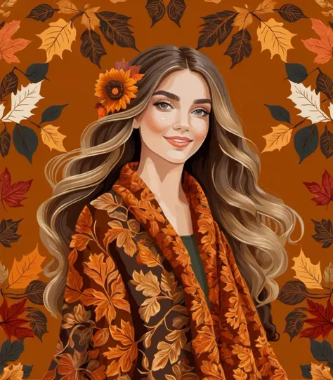 a beautiful woman, Cozy Autumn themed Brocade, tapestry-like, lush, intricate, Autumn, limited color palette, brocade, fall decor, Autumn elements