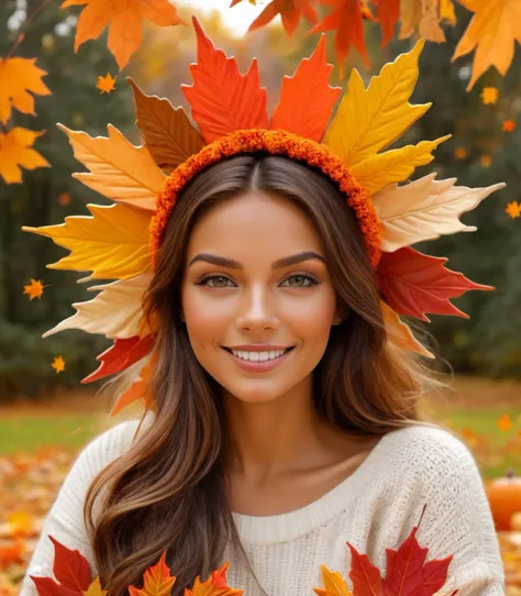 a beautiful woman, Cozy Autumn themed Starburst, radiating, color burst, Autumn, fall decor, Autumn elements