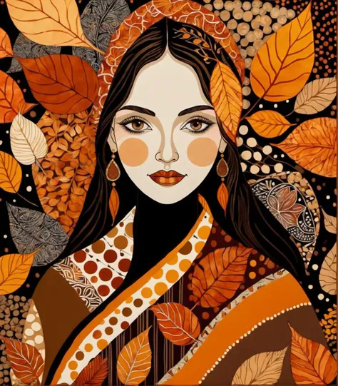 a beautiful woman, Cozy Autumn themed Batik Art, ornate geometric shapes, intricate, patterns, Autumn, dots, batik, fall decor, Autumn elements