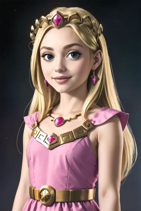 hdr, a beauty photo of a girl, blonde hair, large eyes, crown, wearing a pink dress, portrait, looking at viewer, smiling, simple background, <lora:EdobLOZSpiritTracksZelda_v1.2:.6>,