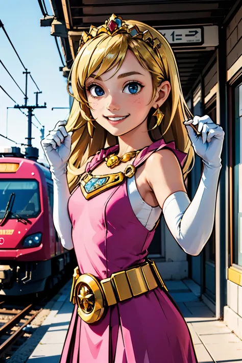 beauty photo of a girl, blonde hair, large eyes, crown, wearing a pink dress, elbow gloves, looking at viewer, smiling, happy, teeth, cute pose,
outside, park, train station, hdr, extreme detail, beautiful quality, masterpiece, fantasy quality, <lora:EdobLOZSpiritTracksZelda_v1.2:.6>,