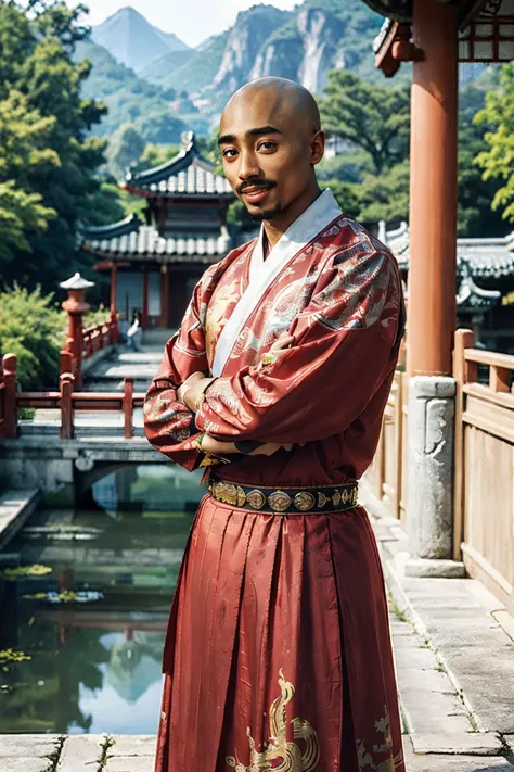 2pac, dark skin, bald, facial hair, jewellery, wearing a red print chinese shirt, long sleeves, belt, red print chinese long skirt,looking at viewer, smiling, happy, teeth,
standing, arms crossed,outside, chinese garden, koi pond, red torii, blue sky,
extreme detail, hdr, beautiful quality, depth of field, <lora:2pacv2:.7> <lora:FeiYuFu:.6>