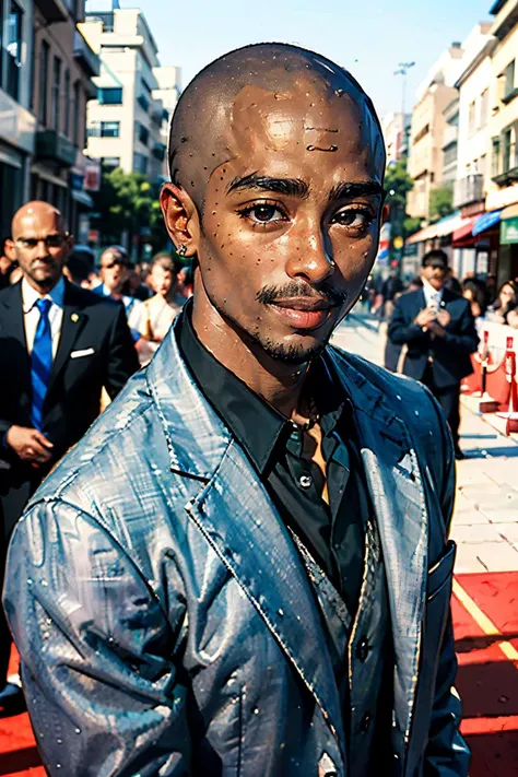 2pac, dark skin, bald, facial hair, jewellery, wearing a black suit, outside, red carpet, looking at viewer, serious, smiling, extreme detail, masterpiece, beautiful quality,<lora:2pacv2:.7>