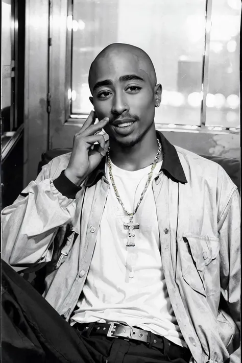 1990s, polaroid, black and white photo of 2pac, beard, earrings, bald, jewellery,gold chain, jacket, pants, looking at viewer,happy, smiling, mouth open, laughing,
sitting, on sofa, interior of a living room, <lora:2pac:.8>