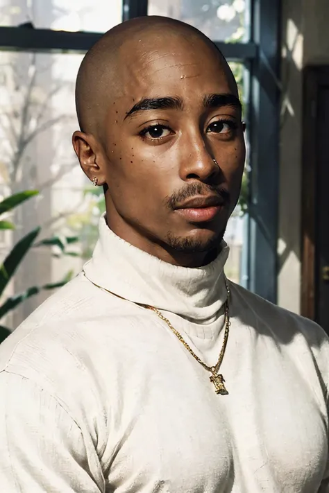 2pac, dark skin, bald, facial hair, jewellery, wearing a turtleneck sweater, looking at viewer, serious, portrait, indoors, extreme detail, hdr, beautiful quality, analog,  <lora:2pacv2:.7>