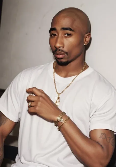 <lora:2pac:0.6> 2pac, beard, bald, bracelet, jewelry, realistic, white t-shirt