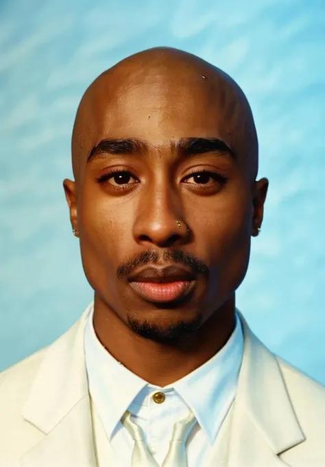 <lora:2pacv2:0.7> 2pac, 1boy, solo, facial hair, jewelry, looking at viewer, bald, upper body, white suit