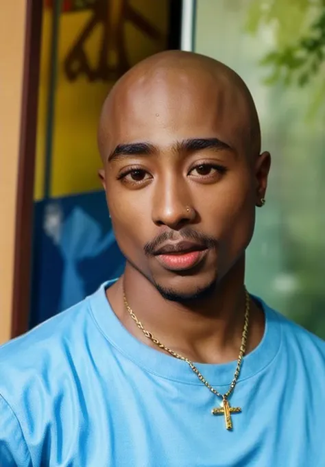 <lora:2pacv2:0.7> 2pac, 1boy, solo, facial hair, jewelry, looking at viewer, bald, upper body, city
