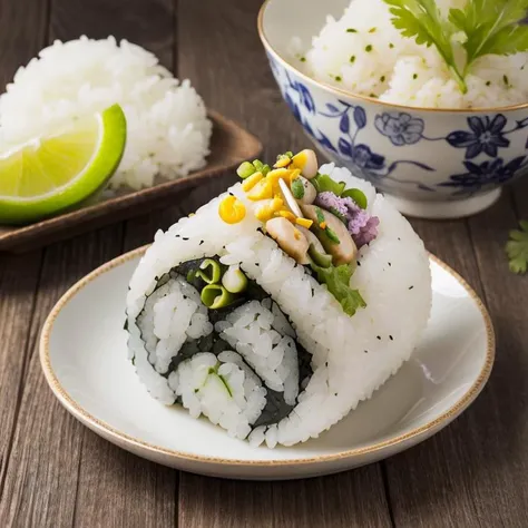 best quality,masterpiece,highly detailed,ultra-detailed,onigiri,food focus,food,still life,vegetable,blurry,rice ,<lora:onigiri:0.83>,white plate,sushi,colorful,aesthetically pleasing,studio lighting,
